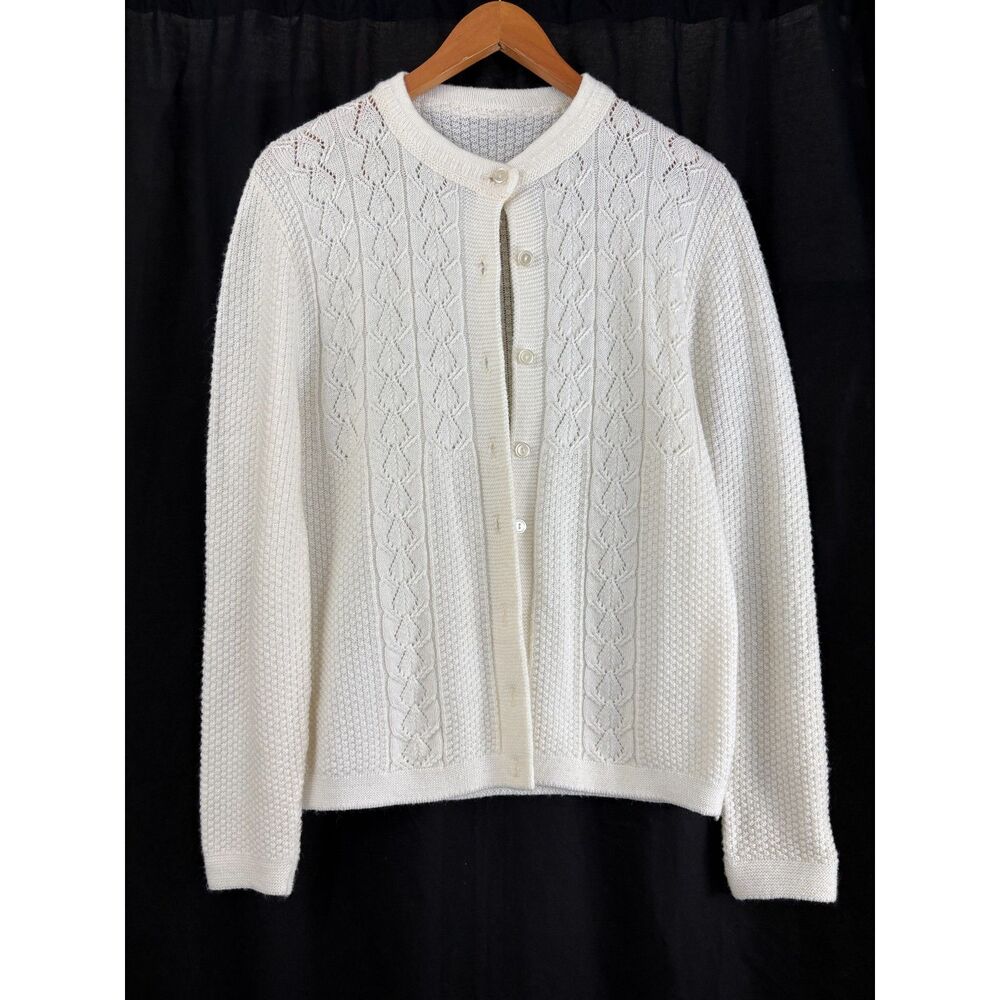 Vintage 60s Cream Pointelle Cable Knit Cardigan Textured Popcorn